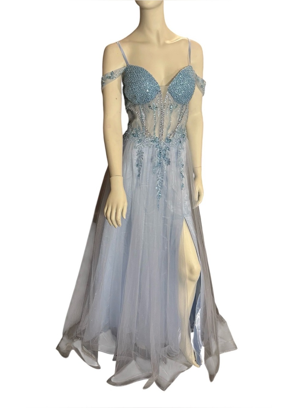 A-Line Sweetheart Neck w/Sparkling Beaded Sheer Bodice & Tulle Skirt Blue Sz 14